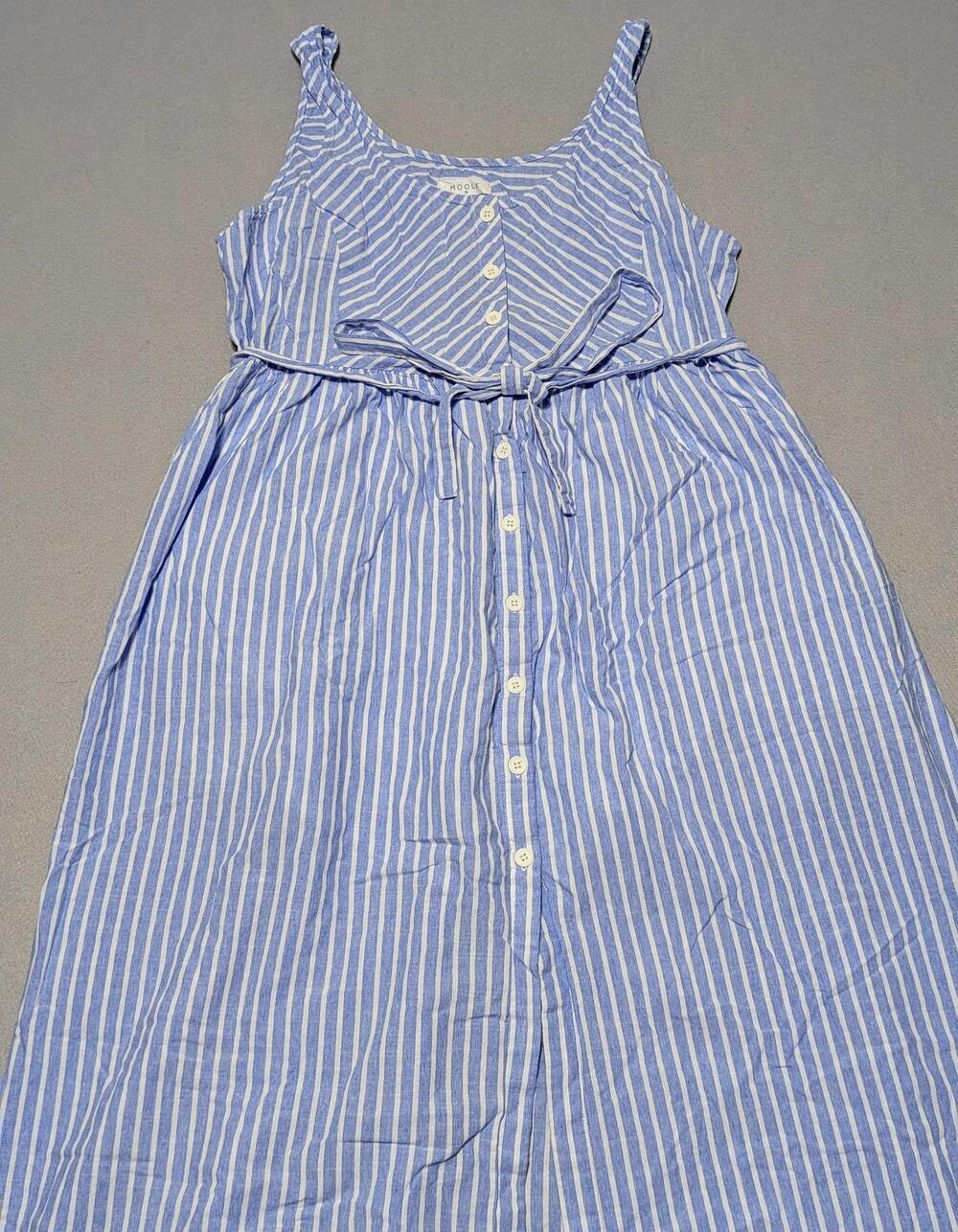 MOOLK Dress Midi US 14 Blue White Stripe Gauzy Button Front Belted